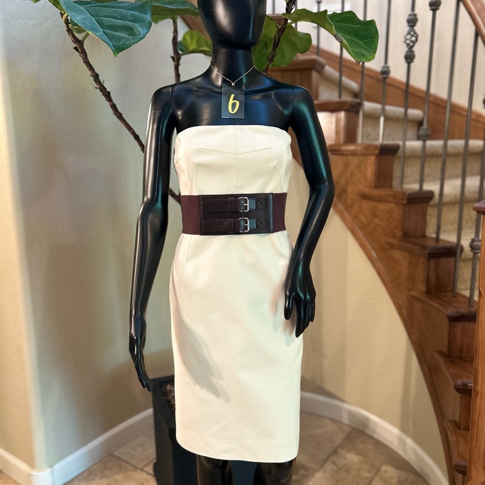 Michael Kors Cream Strapless Dress with Wide Brown Belt